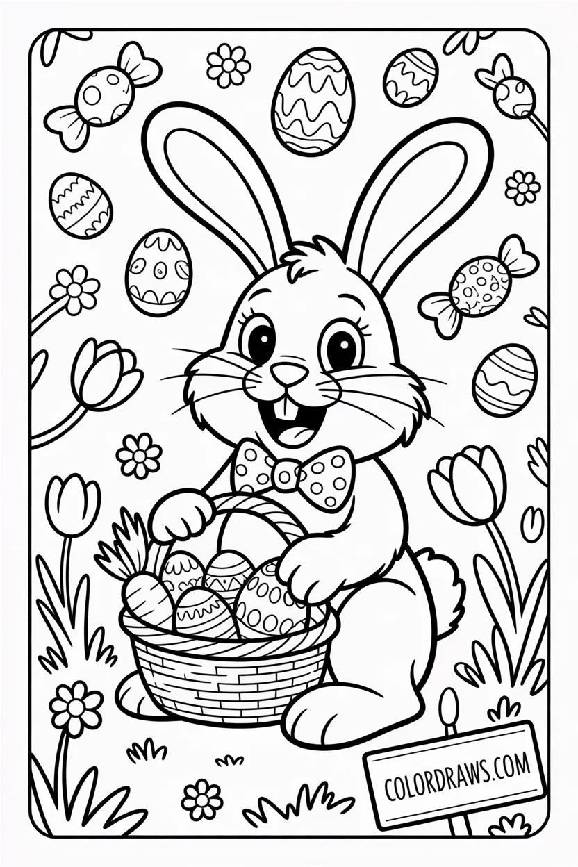 Free 55 Easter Coloring Pages Printable 2026 Colordraws Easter Bunny Holding A Basket Of Eggs In Joyful Garden With Candy Coloring Page.webp